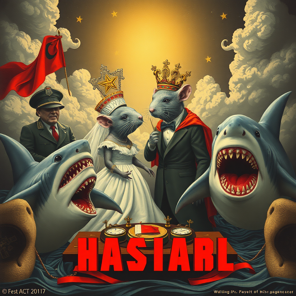 A rat wedding being attacked by sharks, Catholic, Soviet propaganda poster, steam punk, no text