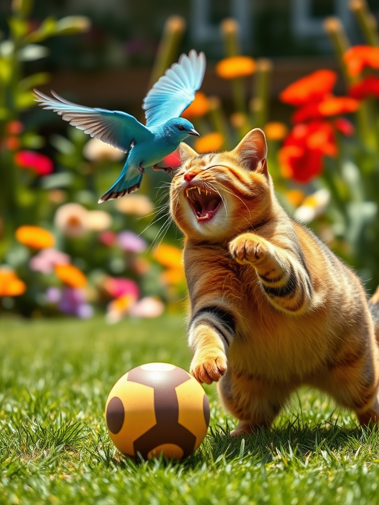 A realistic 4K scene of a Brown Cat skillfully dribbling a ball across a sunny garden, with a cheerful Blue Bird flying above it. Both the cat and the bird are depicted in mid-action, laughing and enjoying their playful moment together. The garden is vibrant, filled with colorful flowers and lush greenery, capturing the joy of their friendship.