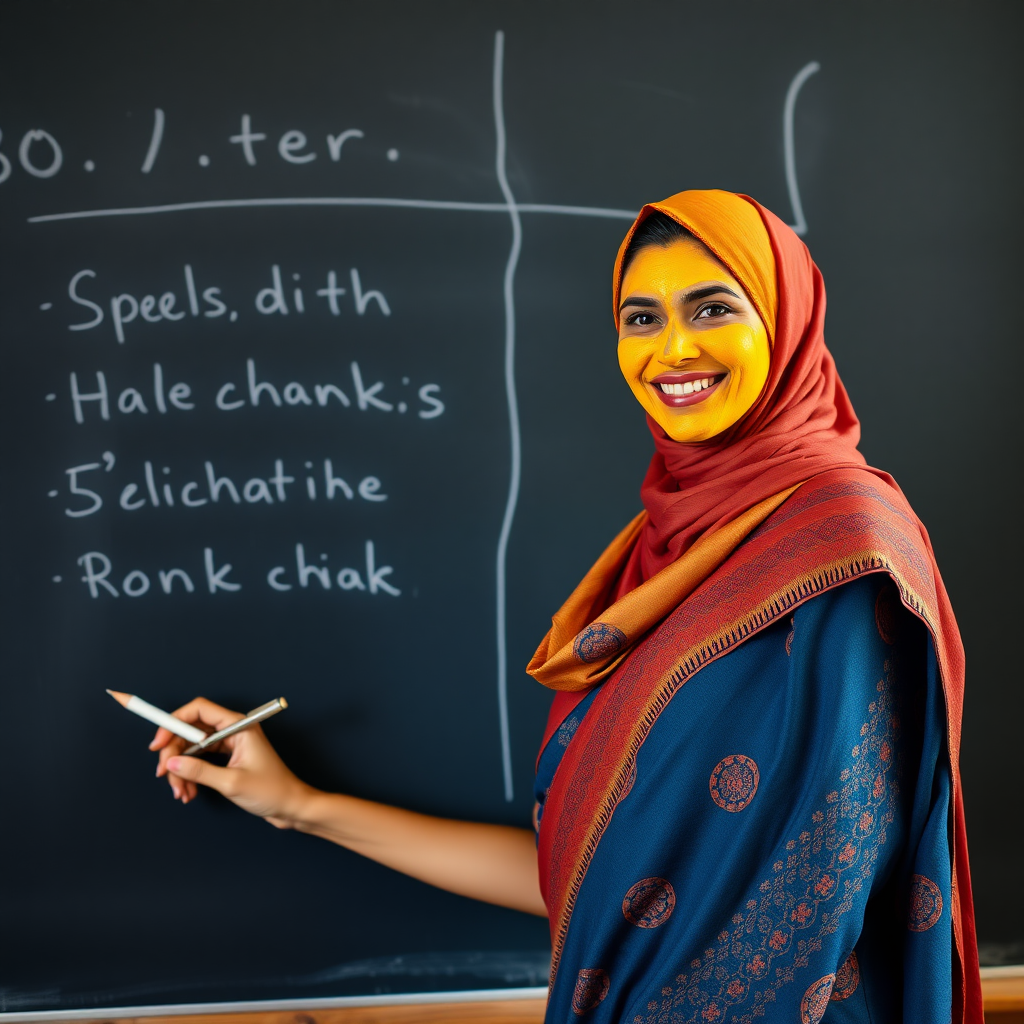 slim, 30 year old, sexy, french female school teacher, saree, scarf head, turmeric face mask. She is smiling and teaching on a blackboard