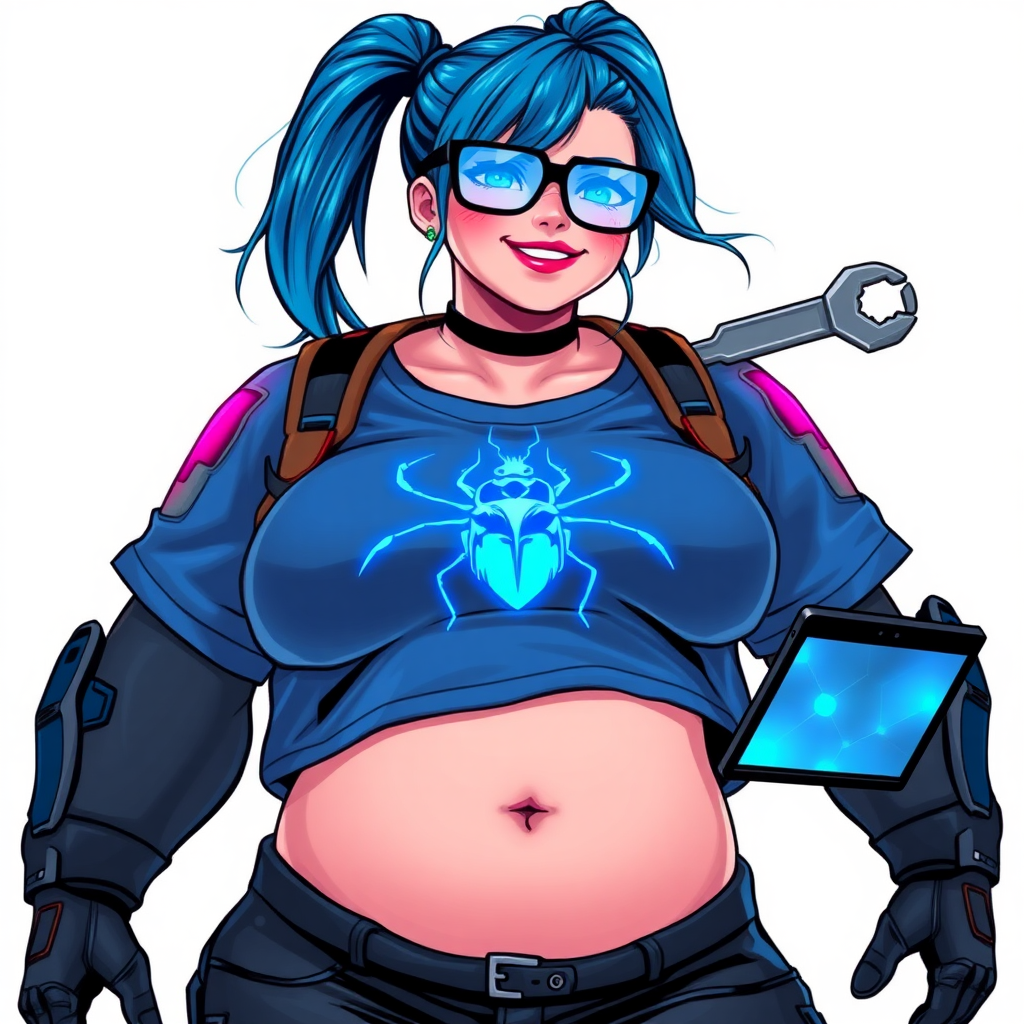 A 28-year-old, full-figured tech genius, she is the devoted girlfriend and sidekick of a cyberpunk vigilante. Her long, maximum blue ponytail and glowing sapphire eyes are striking features. Her prominent, round midsection, gigantic limbs, and broad shoulders define her full figure. As the loyal and supportive sidekick, she plays a crucial role in their missions, using her digital and technological prowess to assist and protect.

She wears an oversized maximum blue t-shirt with a glowing neon blue beetle chest icon, maximum blue lipstick, and black high-tech gloves. Her neon red blush and lovestruck smile are ever-present as she holds a futuristic wrench and a digital holographic tablet. Her full figure (especially her round midsection) shows how pampered she is by her doting boyfriend. Her nerdiness is unmistakable, accentuated by her black oversized eyeglasses. She is on a solid white background. She serves as her boyfriend’s indispensable tech expert. She is drawn as if she was in a retro 2D cyberpunk fighting game. Make sure her oversized t-shirt covers her midsection.