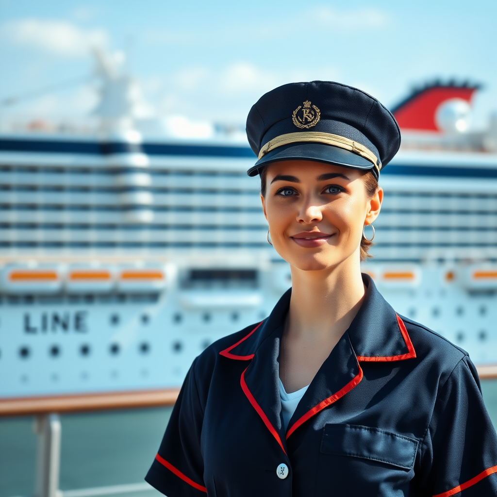 create a photo realistic image of a person who works in a cruise line dressed with uniform but without a hat. In the background is a cruise ship. Make the image rectangle and not square