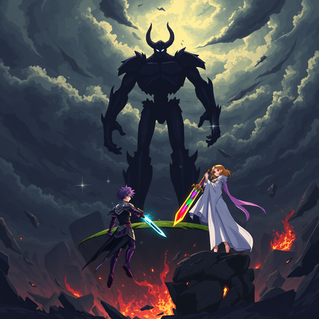 (Anime Style Pixel Art) An intense anime-style scene set against the backdrop of an apocalyptic world collapsing into chaos. The sky is dark and menacing, swirling with ominous clouds, while the ground below has shattered into a vast, bottomless abyss. Towering above the abyss stand three colossal humanoid figures, formed from pure darkness and shadow. Their bodies are void-like, with only a single piercing white lens flare for an eye and scattered star-white flares glowing across their forms. Two of the titans are lanky, almost skeletal in their stick-figure-like appearance, while the center one is massive and grotesque, with two jagged horns protruding from its head, exuding an aura of raw power. These beings, the Void Titans, radiate malice as they approach.

In stark contrast, on a floating island amidst the destruction, stands a fearless teenage boy with striking purple hair, donned in gleaming purple-knight armor. His grip is firm on a magnificent rainbow-flaming sword, its vibrant flames reflecting his unwavering resolve. Beside him stands a serene young woman clad in flowing white robes, her golden hair shining like a beacon of hope, both of them poised to face the towering void-born entities as the world crumbles around them.