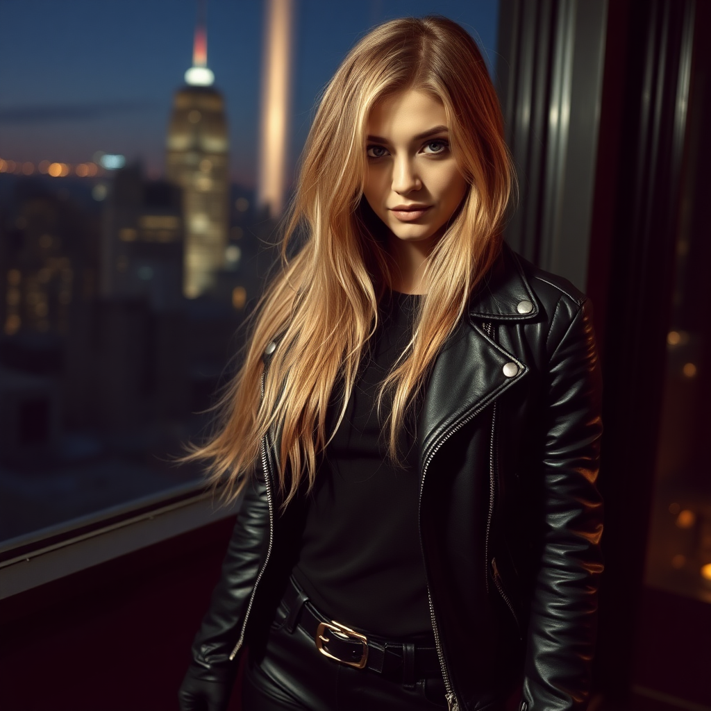 A beautiful dirty blonde long-haired thief girl in a black leather jacket over a black t-shirt, with black tight jeans and gloves, in a penthouse in Manhattan at night.