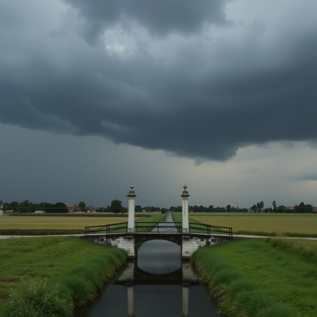 very cloudy black sky, threatening rain, in the Veneto countryside, with a small bridge with 2 pillars over the canal.