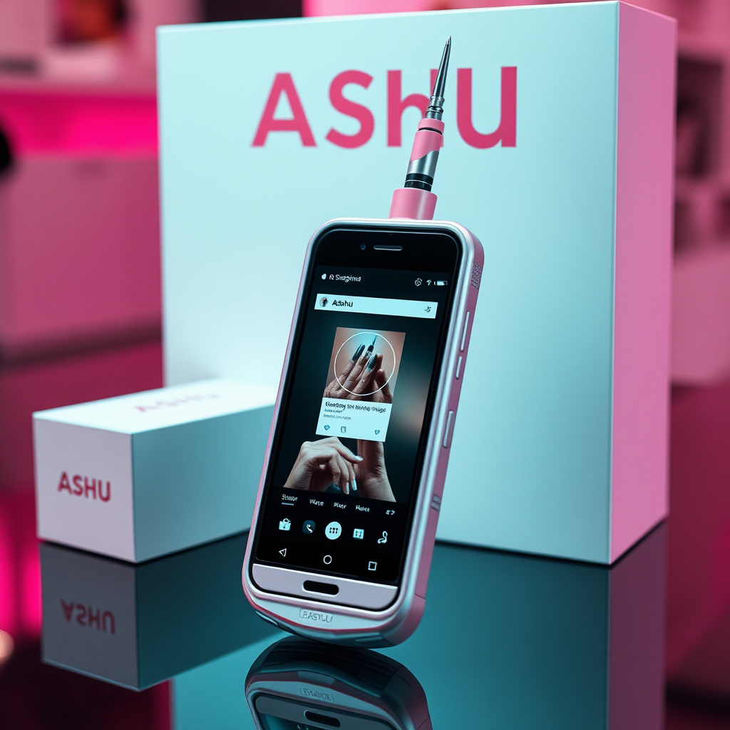 A close-up straight front view of mobile phone in the shape inspired by syringe, white pink futuristic, kept for sale leaning to a box with text Ashu, in showroom, metallic body, touchscreen phone with instagram page open on screen, needle on top, whitepunk