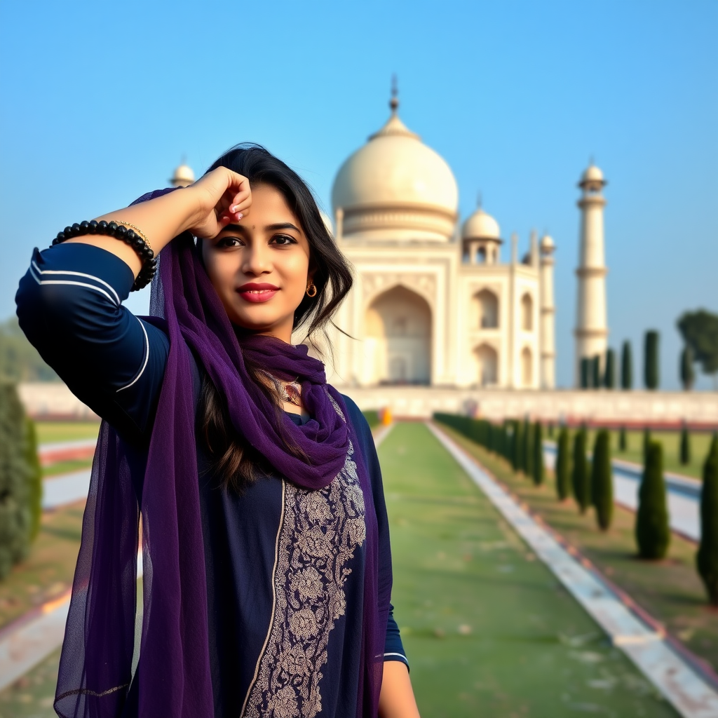 A 20 year old model in navy blue kurti with mesh violet dupatta taking a photo in front of Taj Mahal, high contrast, photography taken according to the rules of photography, azure sky, taken from low angle.