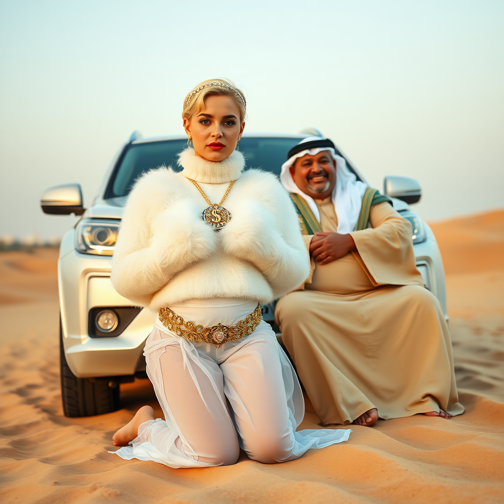 Kuwait desert dunes misty dawn, full size luxury SUV: Melissa, European 17 years old very convincing femboy “trophy-bimbo”, tamed servile docile, very beautiful feminine flawless face, rather short, by hormones very curvaceous womanly figured, platinum blond short tight curls, bold red lips, heavily made-up face, wearing Supertanya-style fluffy very fuzzy bright white angora turtleneck-poncho cropped ending under bust decorated with pearls and gemstones, striking oriental wide gold bridal protection belt, white fully transparent harem pants, full Oriental bridal jewelry with striking headpiece, full Oriental face-jewelry, striking diamond “$$$” letter brooch on left chest, pout frustrated, hands tied behind back, kneeling in sand in front of SUV, looking at camera. Focus on face and turtleneck-poncho. Sitting next embracing Melissa: older overweight mighty sheik laughing.