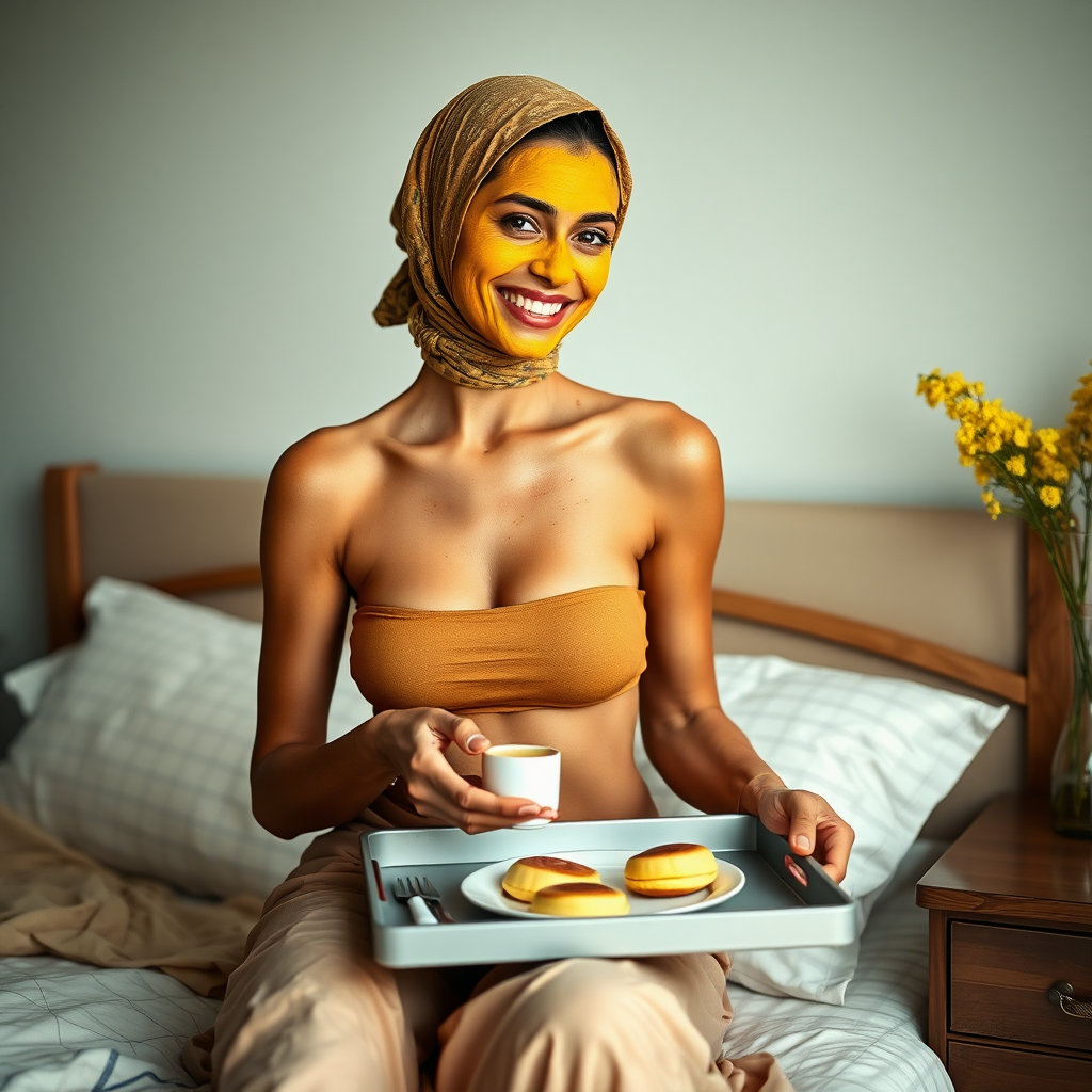 slim, 30 year old, sexy, indian wife, scarf head, turmeric face mask. She is smiling and serving breakfast on a tray on bedside table