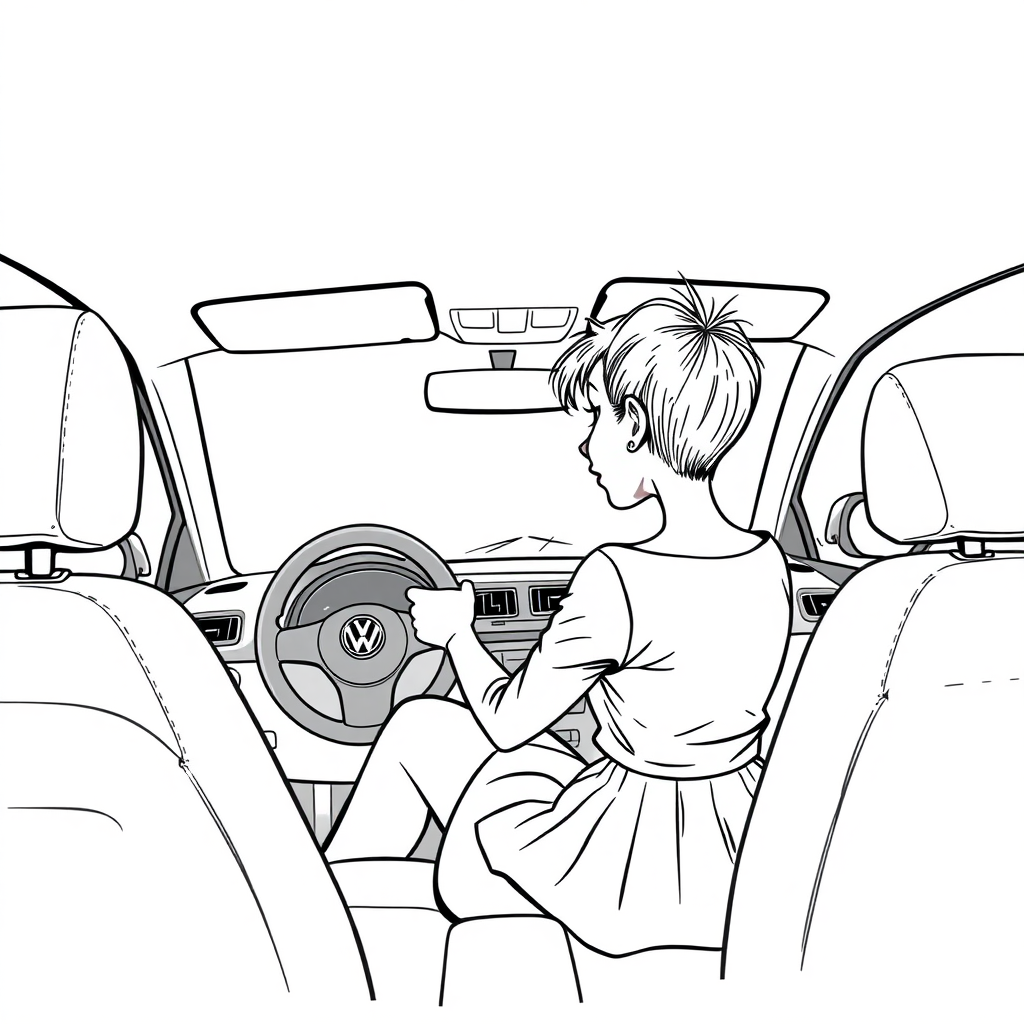 inside view of a VW Polo V from the front passenger seat point of view, looking at the driver seat from the side, pixie haircut woman driving, skirt, she is looking at the viewer over her shoulder, long establishing shot, 2D, caricature, cartoon, Sketch lines, coloring book, coloring book style on white background, well composed, clean coloring book page, No dither, no gradient, strong outline, No fill, No solids, vector illustration, side view, vector illustration, movement lines, from above