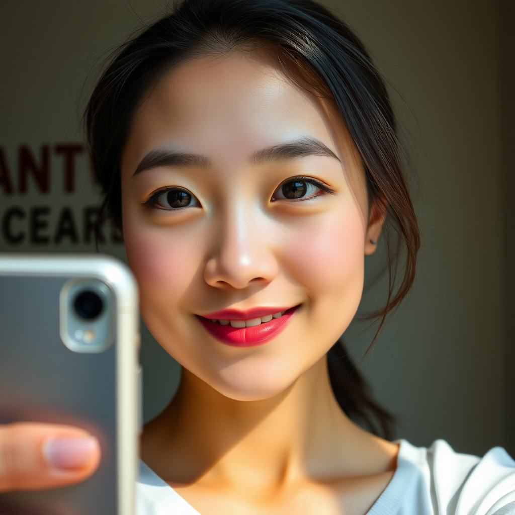 A Chinese young woman taking a selfie with a clear complexion, no makeup, natural daylight illuminating her face from the side, a slight smile and genuine expression, captured in hyper-realistic ultra-high definition photography.