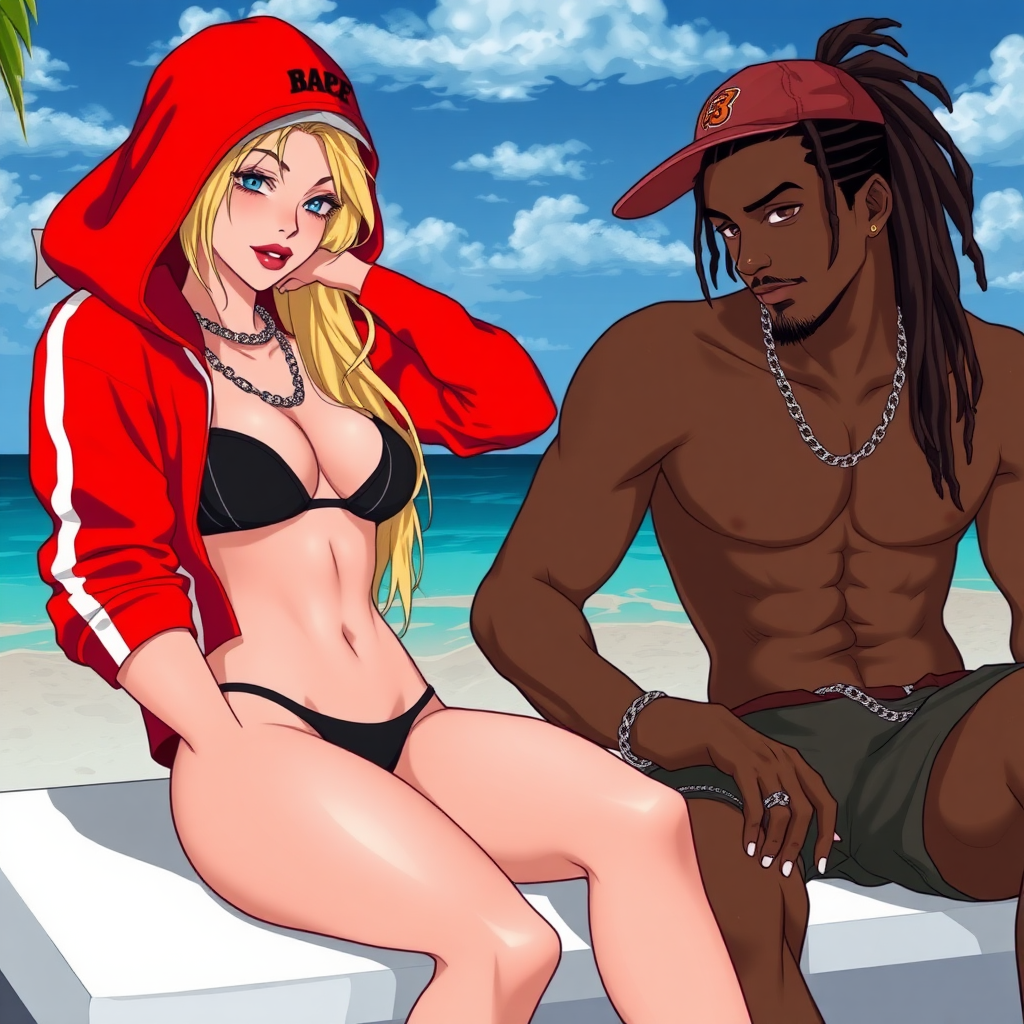 Anime of A 19 year old thug ghetto women, white, long blond hair, wearing nothing but a micro-black bikini and g-string thong under red-white bape hoodie, red-lips, white-nails, down in Miami beach Florida near a city, she is sitting next to a dark-skinned male with dreadlocks right-side, left side to her is a white male-latino with brown-fohawk hair and is very handsome with a sideways cap, there is also a latina women with a brown-ponytail (Lucia)