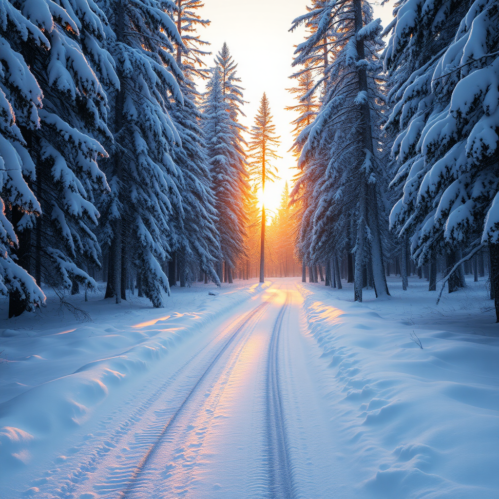 Snow-covered forest path at dawn, surrounded by tall pine trees blanketed in fresh snow, creating a serene winter atmosphere. Soft golden light peeks through the branches, casting a warm glow against the cool blue tones of the surrounding snow. Frosted tips on the trees sparkle subtly in the light, enhancing the enchanting feel. The pathway meanders gently, inviting exploration, with tire tracks lightly imprinted in the pristine snow. A hyperrealistic aesthetic highlights the intricate details of the scene, capturing the contrast between the warm sunlight and the cool shadows of the forest, evoking a sense of peace and tranquility.