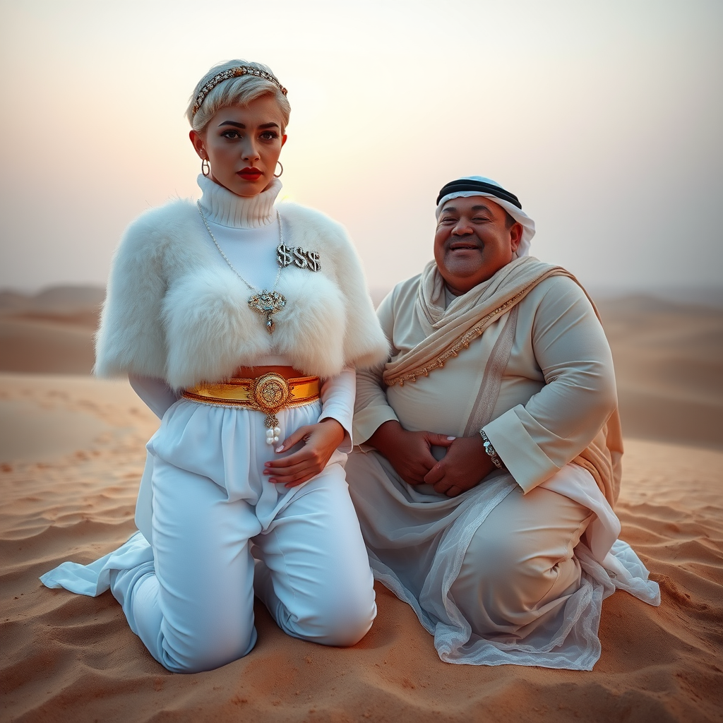 Kuwait desert dunes misty dawn: Melissa, European 17 years old very convincing femboy “trophy-bimbo”, tamed servile docile, very beautiful feminine flawless face, rather short boyish figure, platinum blond short tight curls, bold red lips, heavily made-up face, wearing Supertanya-style fluffy very fuzzy bright white angora turtleneck-poncho cropped ending under bust decorated with pearls and gemstones, striking oriental wide gold bridal protection belt, white fully transparent harem pants, full Oriental bridal jewelry with striking headpiece, full Oriental face-jewelry, striking diamond “$$$” letter brooch on left chest, pout frustrated, hands tied behind back, kneeling in sand, looking at camera. Focus on face and turtleneck-poncho. Sitting next embracing Melissa: older overweight mighty sheik laughing.