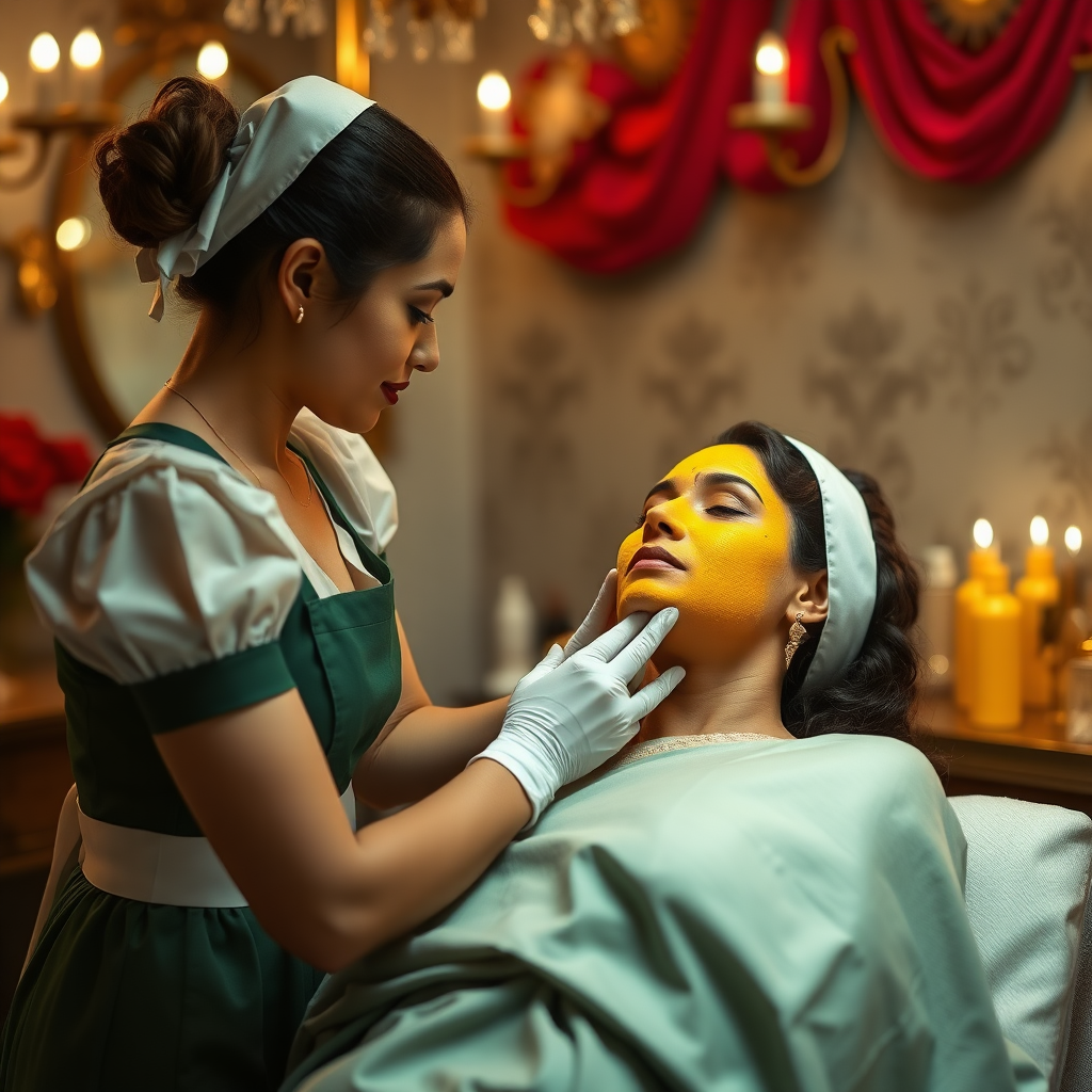 female french maids working in beauty parlour, giving turmeric facial to wealthy indian wife