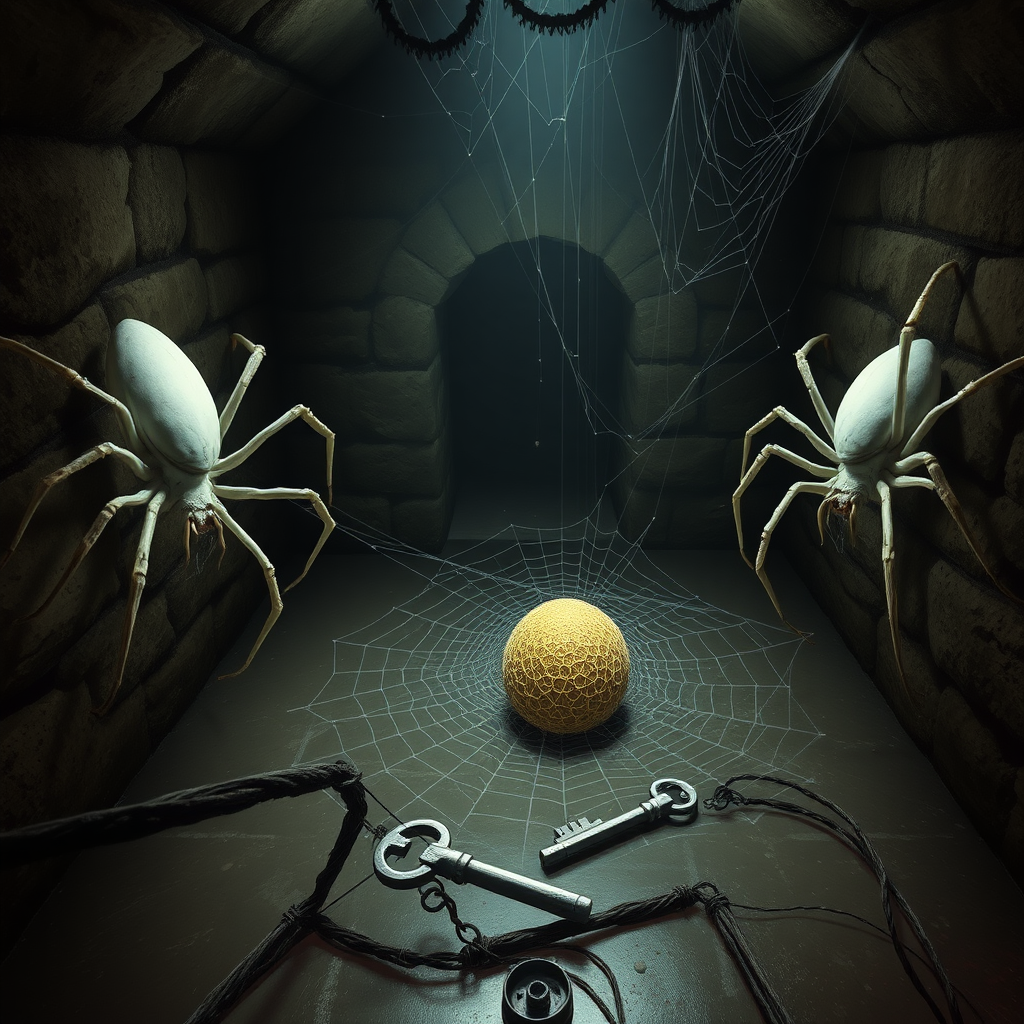 A dark basement medieval cellar with two large white spiders with red highlights crawling around and a long cocoon webbed in the center of the floor with a silver key sitting beside the cocoon. There are spider webs on the walls.