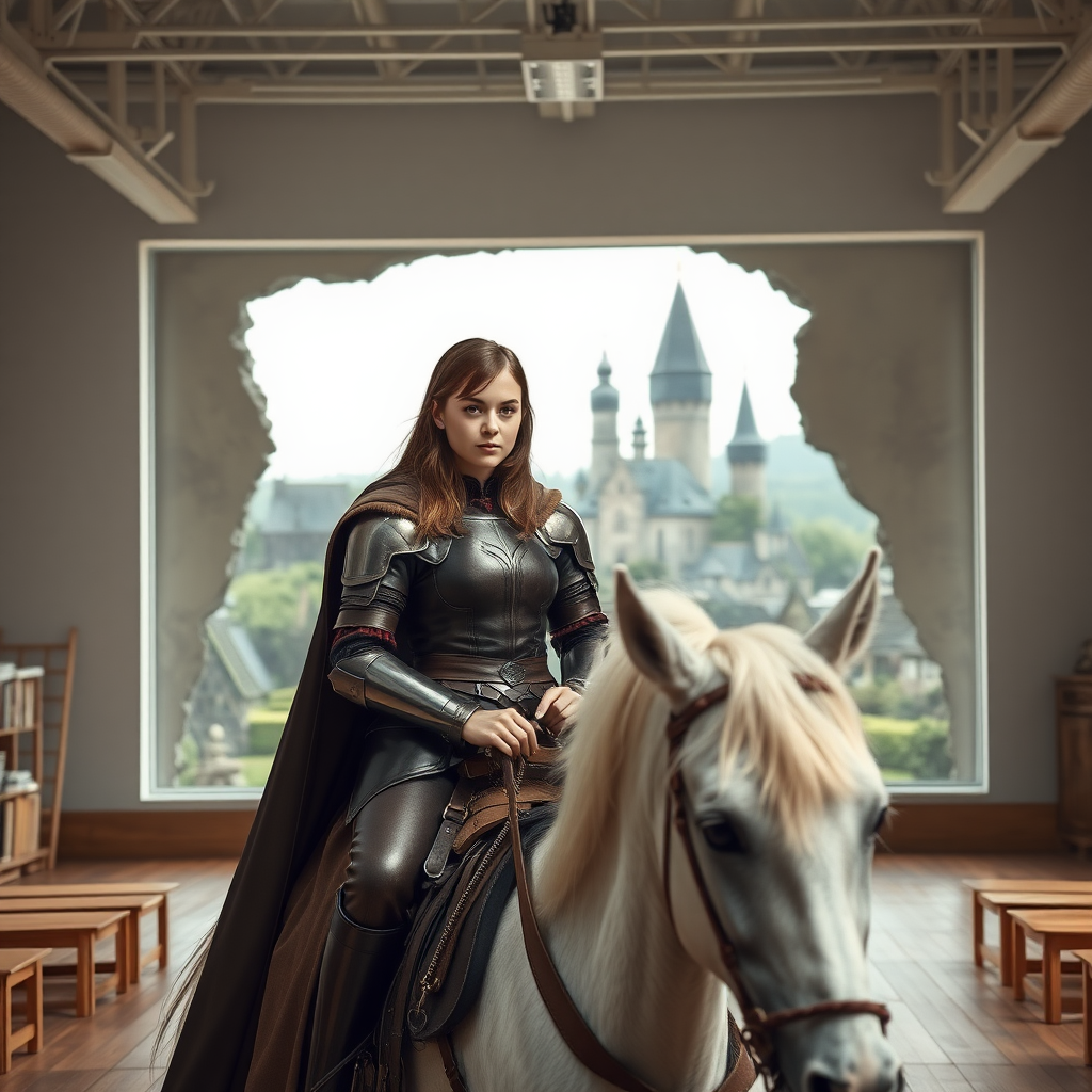 beautiful young woman, brown hair past her shoulders, blue eyes, small, slim figure, wearing full leather armor suit, long cloak, on a white horse in a large modern classroom, with whole back wall missing, looking outside to a fantasy, medieval village.