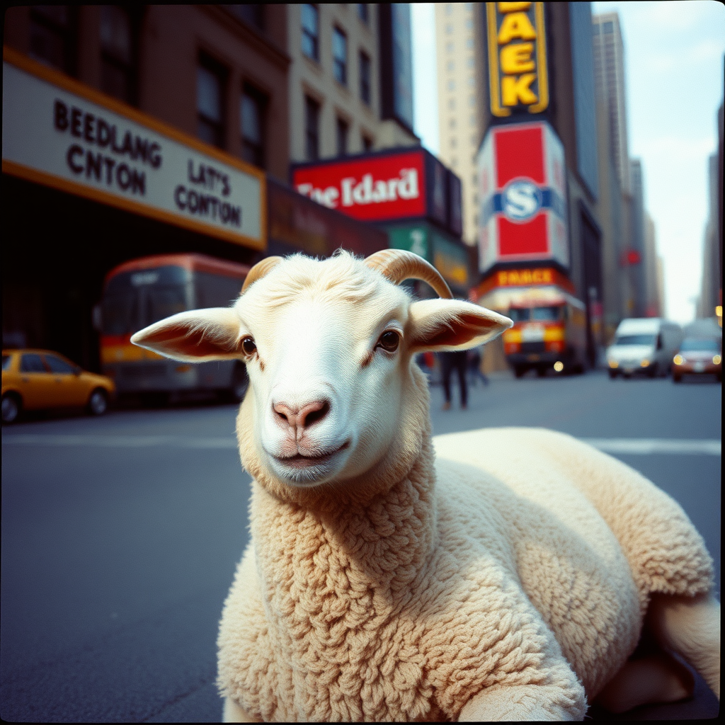 Highly detailed Kodachrome color real surrealist photograph from 1974 of The lamb seems right out of place  
The Broadway street scene finds a focus in its face  
Somehow it's lying there  
Brings a stillness to the air