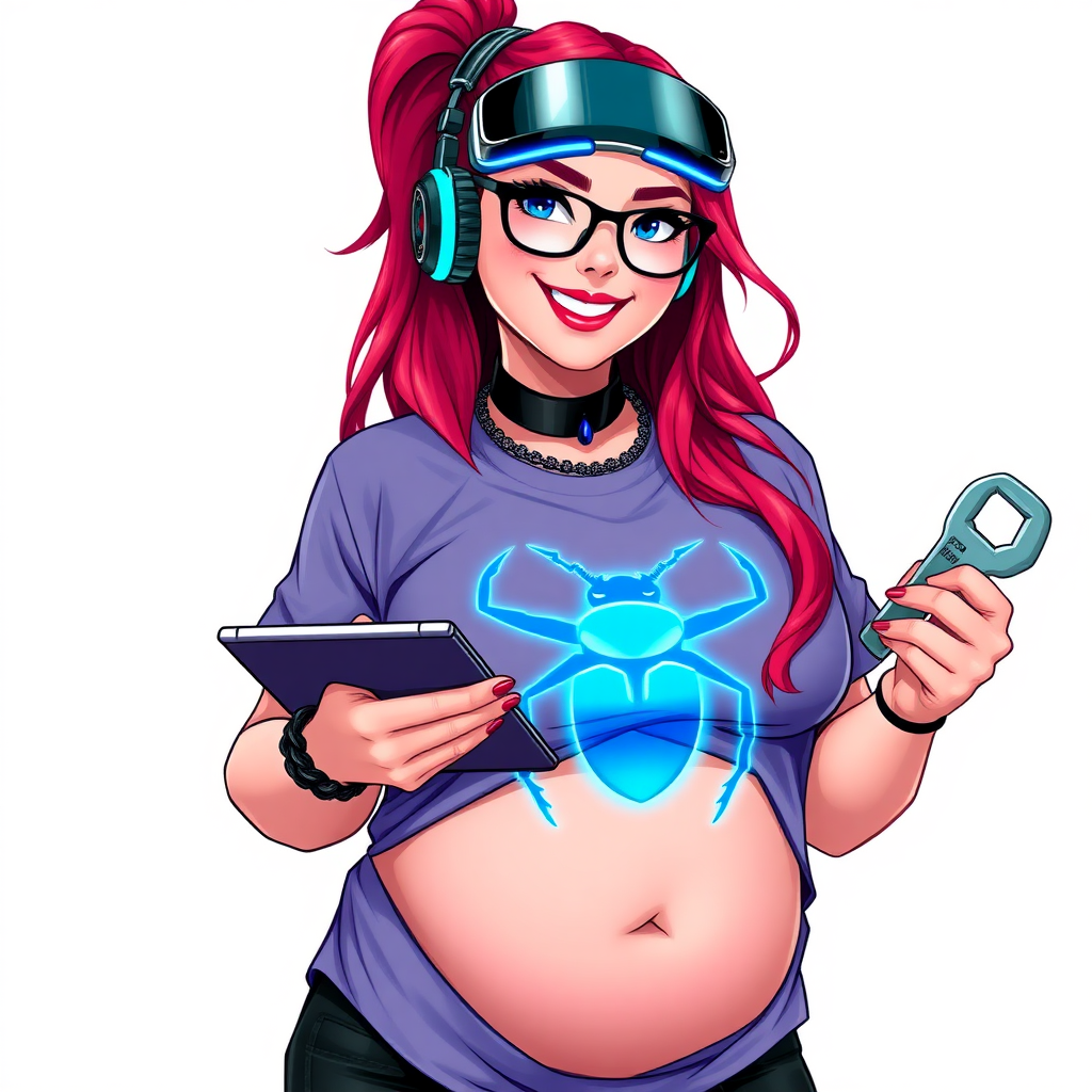 A cyberpunk vigilante’s full-figured intelligent and tech-savvy 29-year-old girlfriend, who is a computer hacker and tech genius. She has a long ruby red ponytail and bright blue eyes. She wears a sapphire beetle gemstone necklace, and an oversized Maximum Blue (RGB 71, 171, 204) t-shirt featuring a giant neon blue glowing icon of a beetle on its chest. She has a full-figured physique with a prominent, gargantuan, round midsection, reflecting her well-cared-for lifestyle. The midsection is heavily emphasized. She sports a sapphire headset with hi-tech Maximum Blue (RGB 71, 171, 204) lensed HUD visor, Maximum Blue (RGB 71, 171, 204) lipstick, black eyeglasses, and a beaming smile with a passionate bright red blush. Despite her figure and a lack of self-esteem, she radiates an air of beauty. She has an angular face which contributes to her radiant beauty. She serves as his tech expert from his hideout, holding a holographic tablet and a hi-tech tool wrench. The background is solid white. She is drawn as if she was in a retro 2D cyberpunk fighting game. Make sure her shirt covers her round midsection.