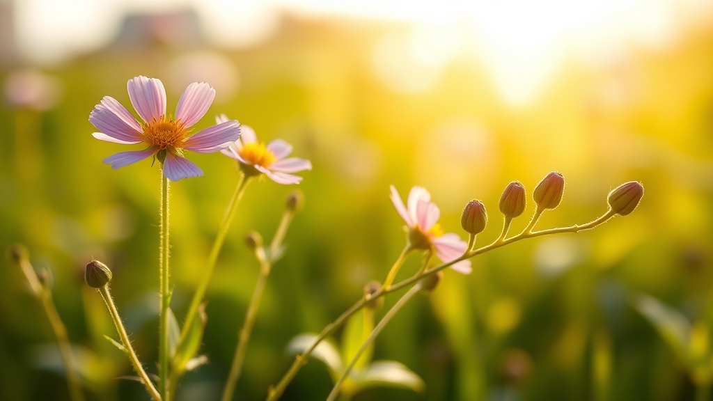 Create an image that looks like a photograph, featuring beautiful wildflowers in bloom, with five flower buds arranged naturally to the side, and the background softly out of focus with sunlight shining naturally.