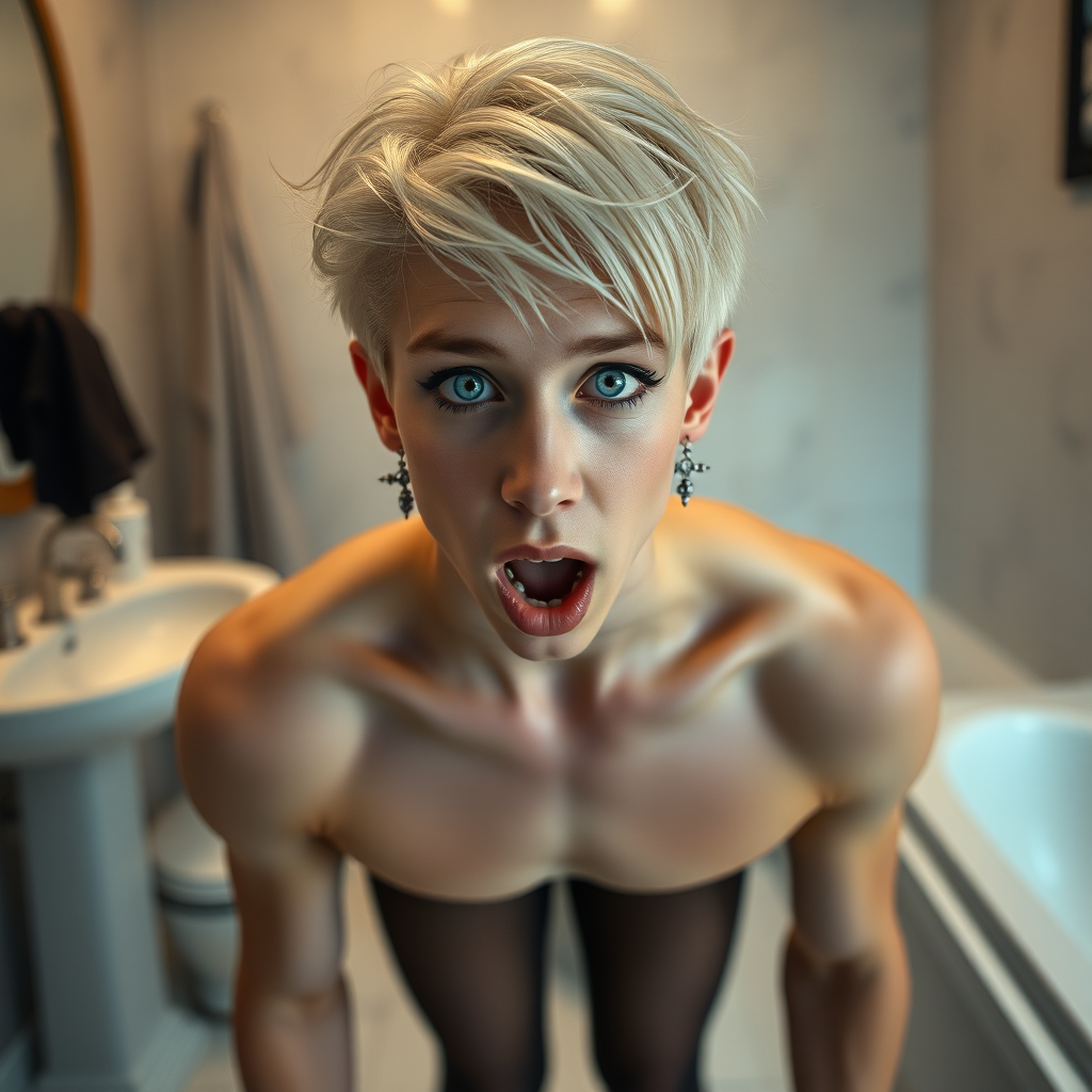 photorealistic, ultra high resolution, 16K, surreal fantasy, soft studio lighting, Caleb Swift is a pretty 16 year old goth male, slim male physique, blonde hair, blue eyes with enlarged pupils, goth makeup, earrings, dressed as a princess, sheer pantyhose, standing on the floor of the bathroom, excited mouth, full body front view of Caleb facing the camera.