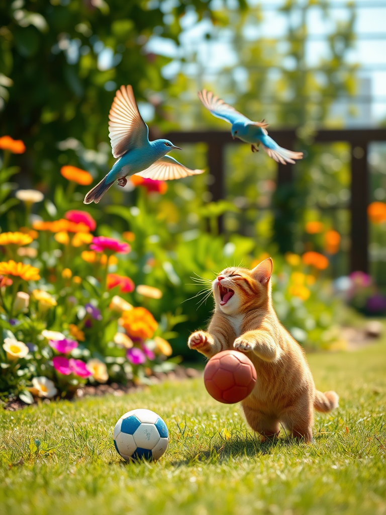 A realistic 4K scene of a Brown Cat skillfully dribbling a ball across a sunny garden, with a cheerful Blue Bird flying above it. Both the cat and the bird are depicted in mid-action, laughing and enjoying their playful moment together. The garden is vibrant, filled with colorful flowers and lush greenery, capturing the joy of their friendship.