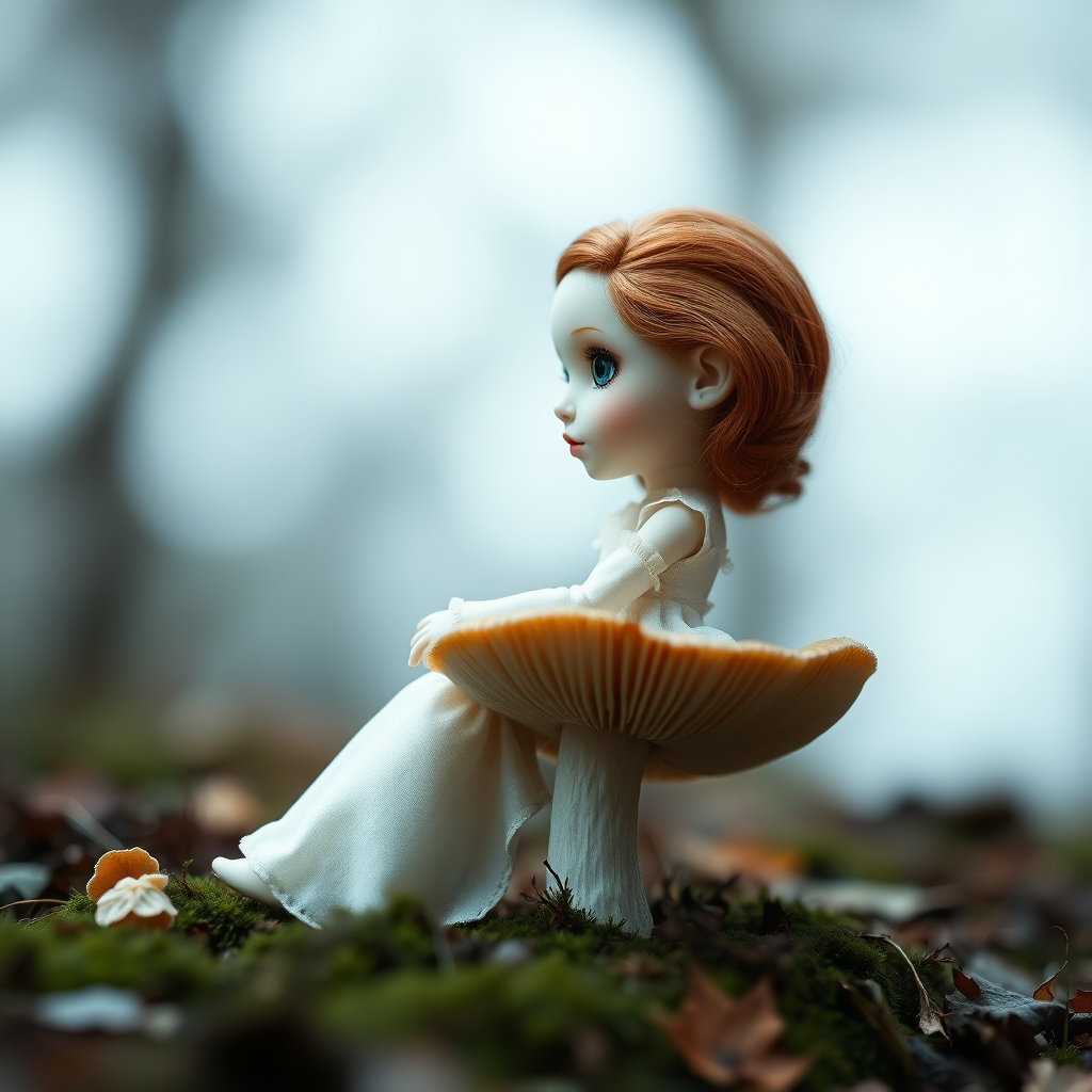 ooak art doll sitting on a amanita mushroom in nature, in profile, shy flirting with the camera, questioning look, bisque doll, artist doll, realistic doll, life-like porcelain doll, handmade, one of a kind, focus stacking, abstract, minimalist art, in focus, hyperfocal, bisque porcelain, Victorian dress, symmetric, sacred geometry, original, unique personality, dynamic, cinematic scene, centered, zoom shot, dept of field, low key lighting, preteen ginger girl, balanced colors, Alice in wonderland