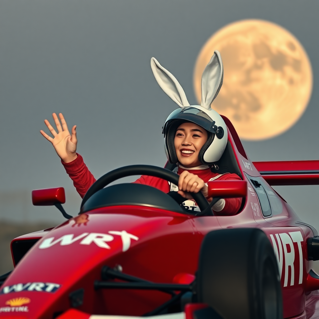 A red race car with "WRT" written on it, driven by a beautiful Chinese female racer. She has white rabbit ears on her helmet, laughing as she waves one hand while gripping the steering wheel with the other, against a backdrop of a huge moon.