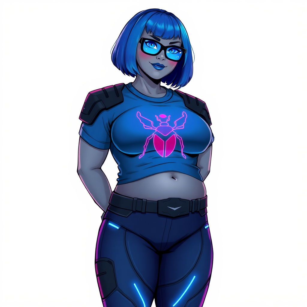 A 28-year-old, full-figured, middle gray skinned computer program hybrid with a maximum blue bob cut. She has a non-athletic build, highlighted by a prominent, round, large midsection (with emphasis on her belly), which shows the aftermath of her pampering. As the heavily pampered digital sidekick to her cyberpunk vigilante boyfriend, her middle gray metallic skin and maximum blue lipstick emphasize her digital nature. She wears a digital, computerized costume inspired by DC’s Carrie Kelly Robin, consisting of a huge, tight-fitting, maximum blue t-shirt with a neon blue glowing chest icon of a beetle, hi-tech shoulder pads with neon blue accents, a black hi-tech belt with a digital neon blue glowing buckle, digital maximum blue biker pants with neon blue accents, and black hi-tech fingerless biker gloves with neon blue glowing accents. Her neon blue glowing eyes, black eyeglasses with a neon blue glowing HUD built into the lenses, and shy smile with neon red blush accentuate her nerdiness. She stands bashfully with her hands behind her back, her costume covering all her skin and emphasizing her full-figured physique (especially her belly). She is clearly non-athletic, with a focus on her full-figured physique. Despite her build, she radiates beauty. She has a slim face compared to her physique, accentuating her radiant beauty. She is on a solid white background. She is drawn as if she were in a retro 2D cyberpunk fighting game.