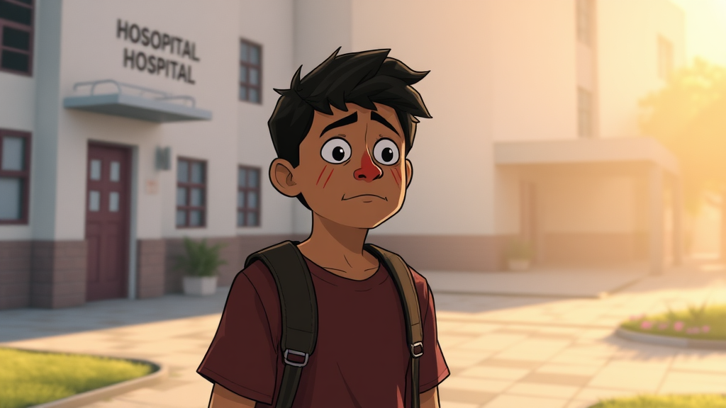 "The hospital now peaceful and bathed in soft light, with Miguel standing outside, but with visible scars on his face from the mental trauma he endured." (Character: Miguel, showing the impact of his experience.)