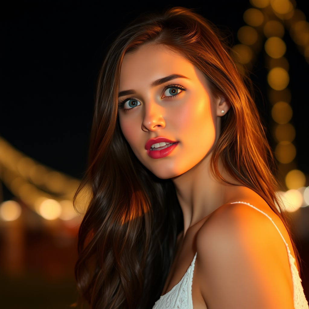 a young woman singing. she is looking like lucy thomas. long brunette hair with highlights, bright blue eyes. suntanned skin. small lips with rose lipstick. looking to the side. wearing a long white dress with transparent lace. view from far. night sky in background. photo