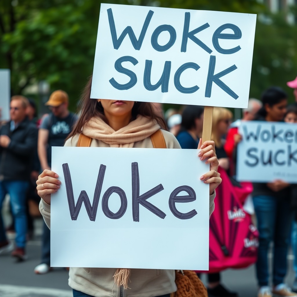 Woman holds a sign "Woke suck"