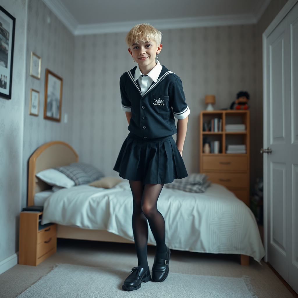 photorealistic, ultra high resolution, 16K, surreal fantasy, soft studio lighting, a pretty 16 year old goth male, slim male physique, short blonde hair, goth makeup, earrings, sheer black pantyhose, UK girls-school uniform, Mary-Jane shoes, in the bedroom - , excited smile, facing the camera.