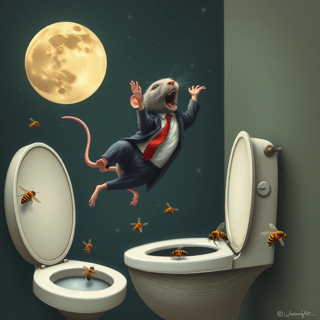 A rat politician diving off the moon into a toilet, bees, Mongolian