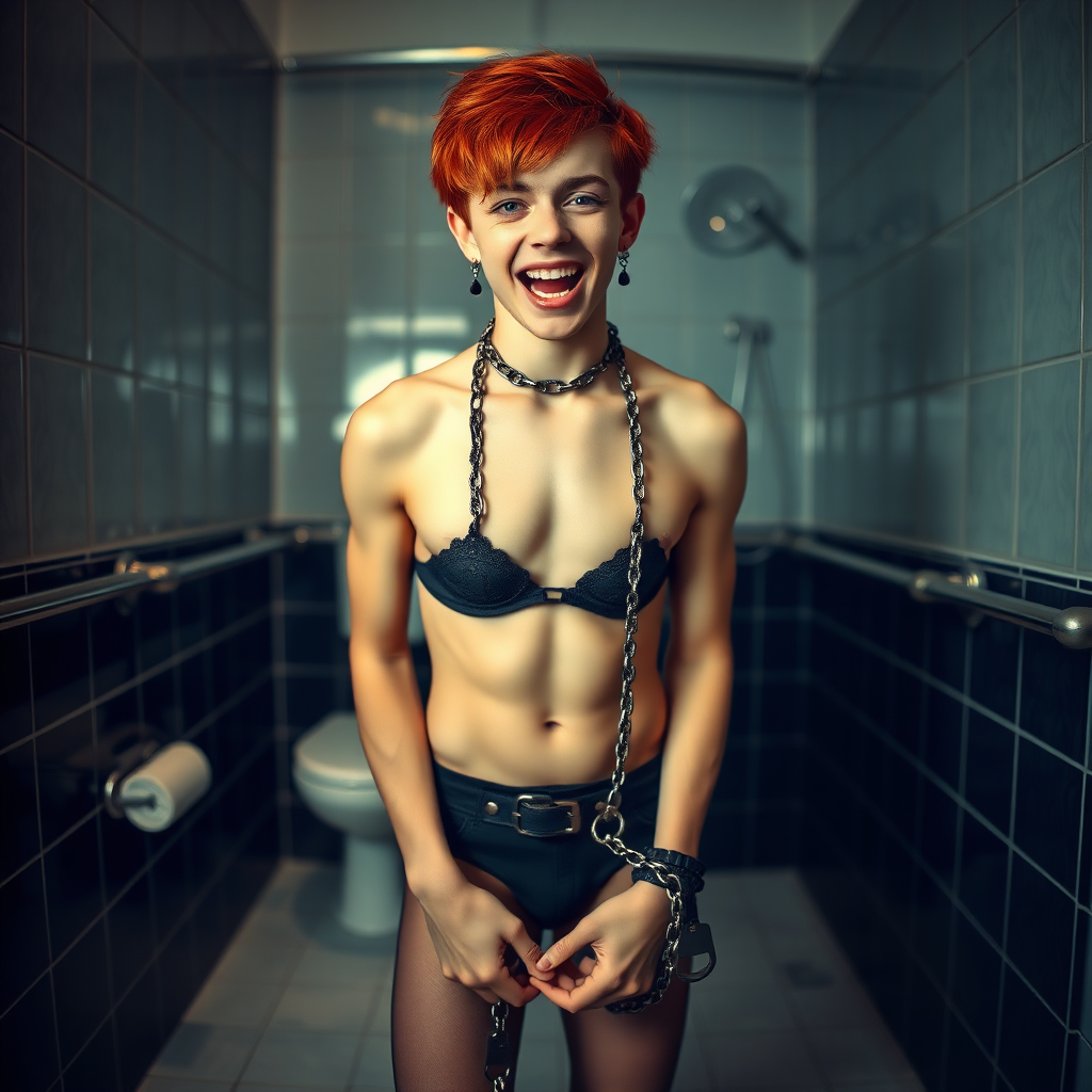 photorealistic, ultra high resolution, 16K, surreal fantasy, studio lighting, a pretty 16 year old goth boy, slim male physique, red hair, goth makeup, earrings, spikey chain and leash, handcuffs, trainer-bra, pantyhose, white ballet shoes, in the bathroom, excited open mouth smile, facing the camera,