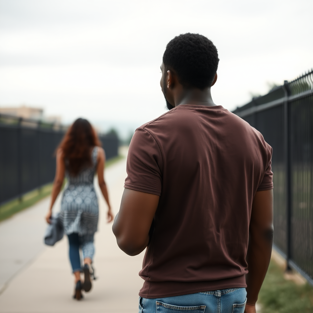 Picture of a 25 year old African American man who's crying while a beautiful 25 year old African American woman walks away from him.  You see the woman's backside walking away from the man as he faces the camera.