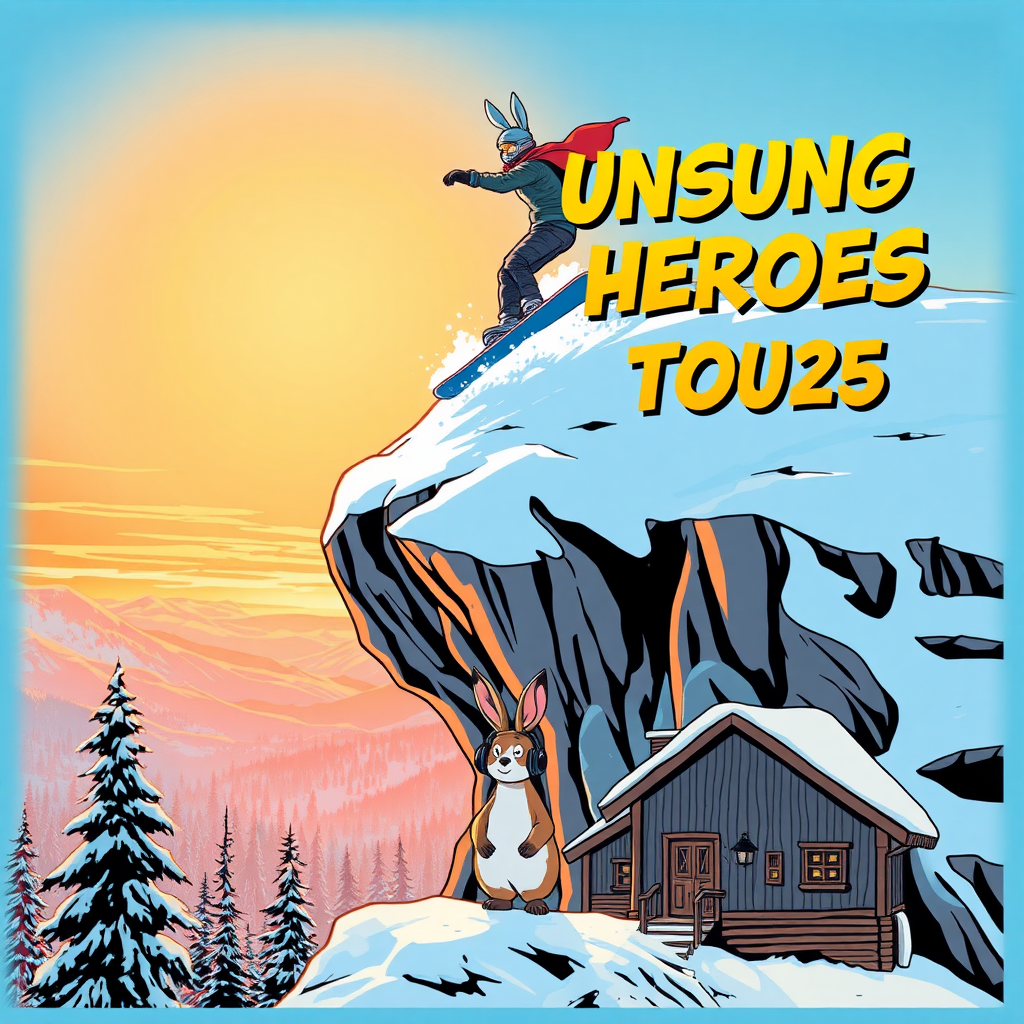 {
  "size": "1024x1792",
  "prompt": "A clean, modern comic book-style poster for the Unsung Heroes Tour 2025. The snowboarder is the main focus, seen from above, dramatically launching off a snow-covered rocky cliff into the unknown. The snowboarder should have no animal-like features (no bunny ears) and is about 1.5x the size of the snowshoe hare, which is much smaller and positioned far below in the background. The snowboarder's hero cape flutters behind them, adding a sense of adventure. A small snowshoe hare, significantly smaller than the snowboarder, is standing on its hind legs, wearing oversized headphones, looking up at the snowboarder from the ground with a comically exaggerated, awestruck expression. At the bottom of the hill is a rustic wooden lodge, clearly visible and representing the cozy, independent nature of the ski resort. The vibrant scene takes place during a sunrise, with warm, glowing colors filling the sky, enhancing the overall energy of the poster. The title 'Unsung Heroes Tour 2025' is clearly, accurately and prominently displayed in a bold, 3D comic book-style typeface. The overall style is clean, energetic, adventurous, and visually cohesive."
}