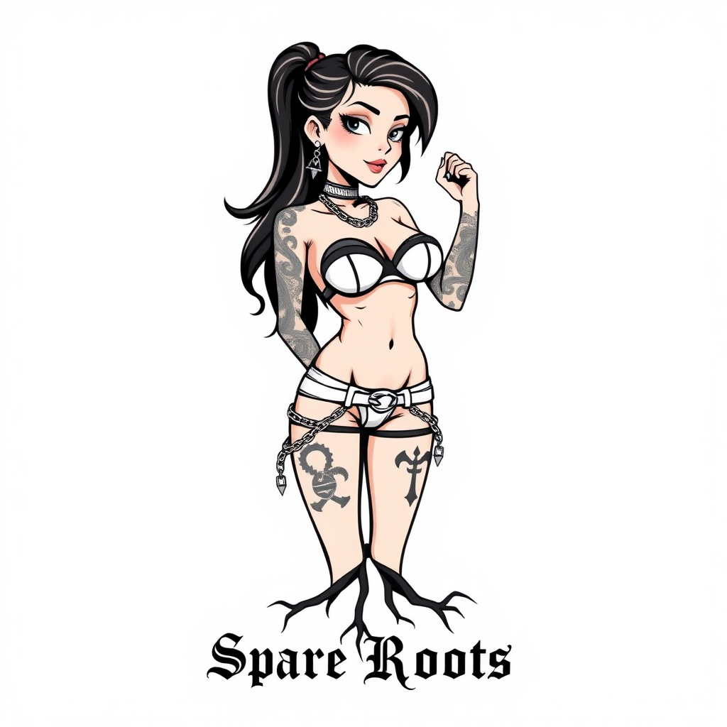 A modern t-shirt design that features a gritty tattooed cartoon woman in underwear and chains. The bottom of the design reads "Spare Roots". The image has a blank white background.