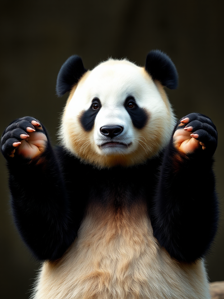 A photo realistic picture of a panda bear shrugging, holding out his paws to his side at the height of his shoulders.