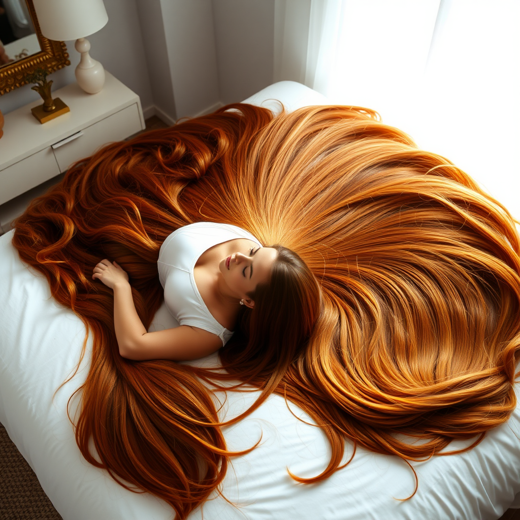 In a well lit, minimalist decorated bedroom, a stunning woman lies on her back comfortably on a white bed. Sprawled out around her head, her extraordinarily long, flowing hair is meticulously spread out like a vibrant peacock's tail, rich with shades of deep chestnut and sun-kissed gold.