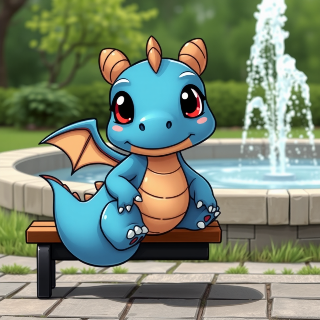 A cartoon rude blue small dragon with two legs, two arms, black eyes with red pupils and wings sitting on a bench watching a water fountain.