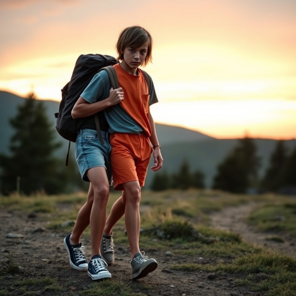 A top model 14yo teen boy, brunette, long layered haircut with messy hair, wearing tiny denim short shorts, a super sexy top, Black Converse All Star shoes, with a hiking backpack on his shoulder, is helping another 14yo teen boy to walk back to his camp. The second boy is wearing a sexy short orange inmate outfit, he is dirty, covered with mud, barefoot. They are walking in the mountains at sunset. Both of the boys are looking at the camera; there is something erotic and sensual in the air. Long legs, bare thighs. 1980s style.