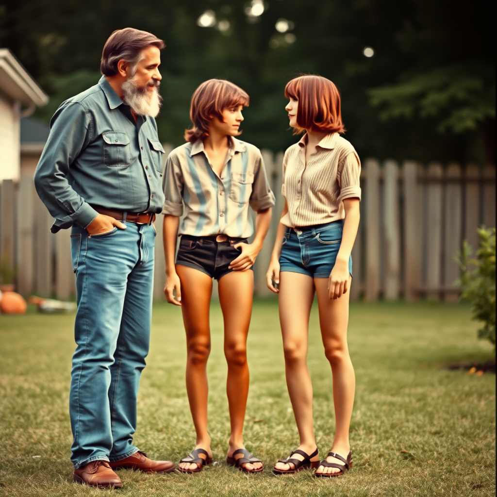 tall 14yo teen boy, long hair bob cut, wearing shirt and very tight booty shorts, long legs, narrow thighs, full-length front view. with bearded father wearing shirt, long jeans, shoes. looking at each other. 1970s. At backyard. photorealistic, ultra high resolution, 16K, Negative: grainy, blurry, bad anatomy, extra limbs, watermark.