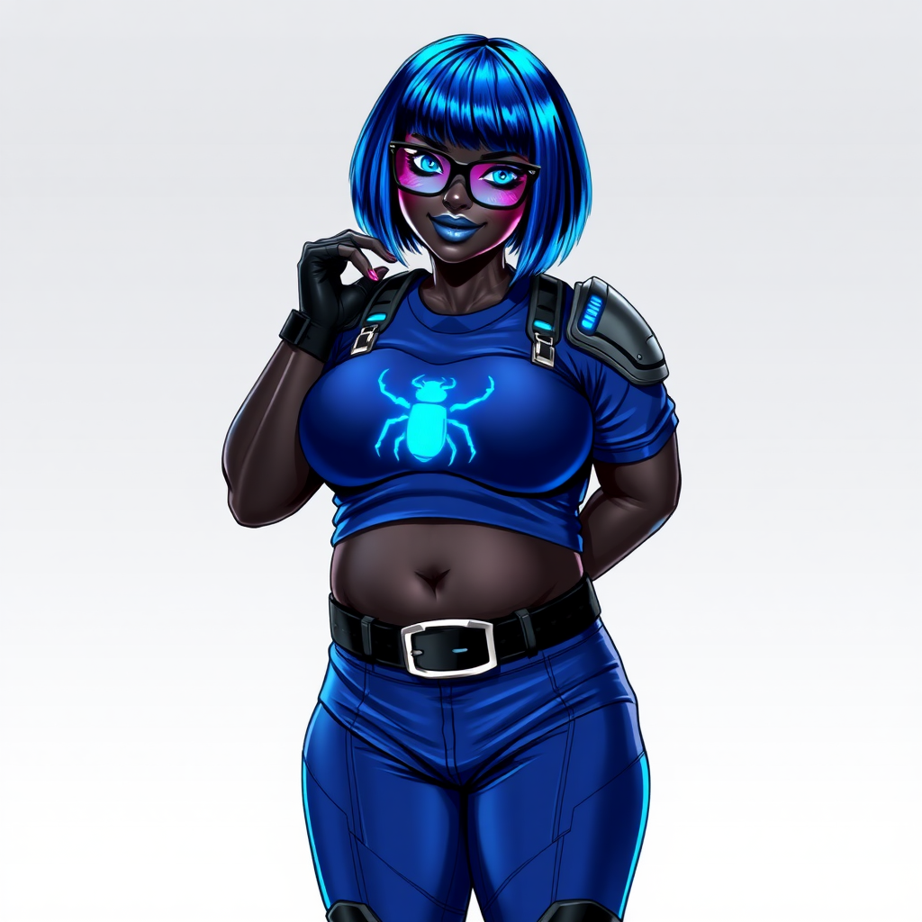 A 28-year-old, full-figured, metallic maximum black (N0) skinned computer program hybrid with a maximum blue bob cut. She has a full-figured, non-athletic build, highlighted by a prominent, round, large midsection (with full emphasis on her large belly), which shows the effects of her new love of junk food acquired from her boyfriend. As the full-figured, nerdy, digital sidekick to her cyberpunk vigilante boyfriend, her metallic maximum black (N0) skin and maximum blue lipstick emphasize her digital nature. She wears a digital, computerized costume, consisting of a huge, tight-fitting, maximum blue t-shirt with a neon blue glowing chest icon of a beetle, hi-tech shoulder pads with neon blue accents, a black hi-tech belt with a maximum blue beetle digital buckle, digital maximum blue biker pants with neon blue accents, and black hi-tech biker gloves with neon blue glowing accents. Her neon blue glowing eyes, black eyeglasses with neon blue lenses equipped with a built-in HUD, and bashful smile with neon red blush accentuate her nerdiness. She stands bashfully with one hand behind her back and the other hand gently touching her cheek, her costume covering all her skin (including her large midsection) and heavily emphasizing her full-figured physique (especially her large belly). She is clearly non-athletic, with a full focus on her full-figured physique. Despite her full-figured build, she radiates beauty. She has a slim face compared to her physique, accentuating her radiant beauty. She is on a solid white background. She is drawn as if she were in a retro 2D cyberpunk fighting game. Ensure she has a deep maximum black (N0) skin color with a metallic tinge.