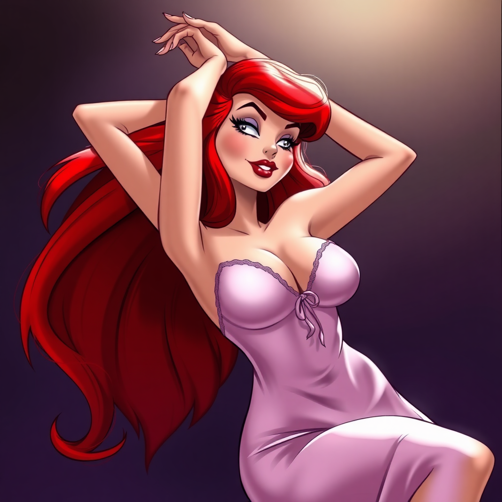 Jessica Rabbit with her arms up. Her wispy silk nightgown is hanging loosely.