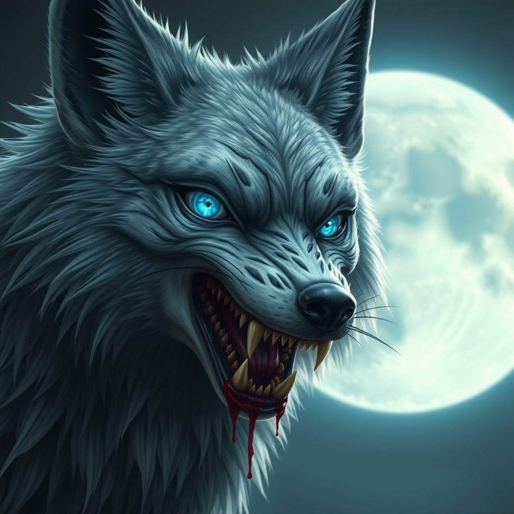 Photorealistic style ancient eerie-looking kitsune-silverfox with blue human eyes baring teeth with blood on the fox teeth, in front of the full moon.