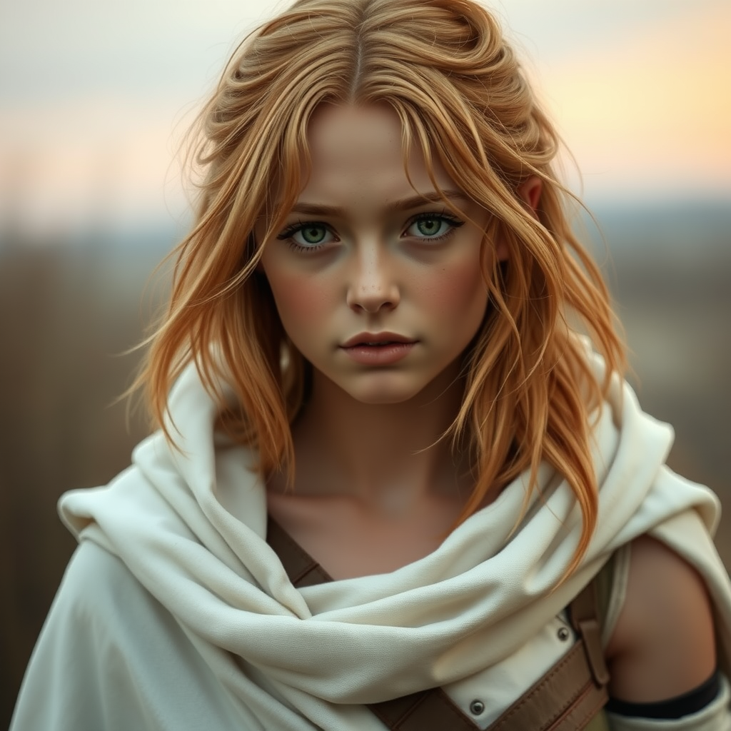 A girl with a face like (Ana de Armas), pale, no makeup, messy shoulder-length strawberry blonde hair, athletic. She is an elven magic user, wearing a white cloak like (Deedlit from Record of Lodoss War). Hyperrealistic, dawn, film grain.