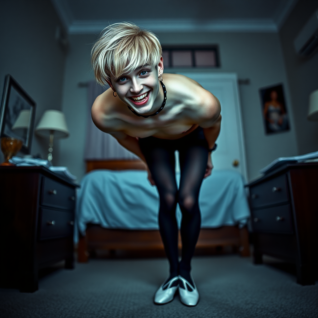 photorealistic, ultra high resolution, 16K, surreal fantasy, studio lighting, a pretty 16 year old goth male, slim male physique, short blonde hair, goth makeup, earrings, pantyhose, white ballet shoes, in the bedroom - he is bending forward, excited smile, facing the camera.