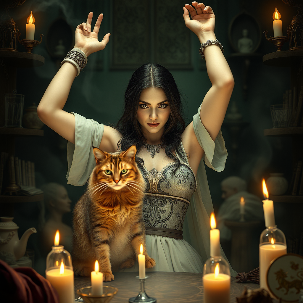 Imagine: A perfectly staged scene of sorcery and companionship filled with hundreds of little details. Within there is a terrifying sorceress looking lovely and irresistible. Her physique is preternaturally perfect. Staring directly into the eyes of the viewer. Arms up high. She has a brown Siberian Cat as a familiar.