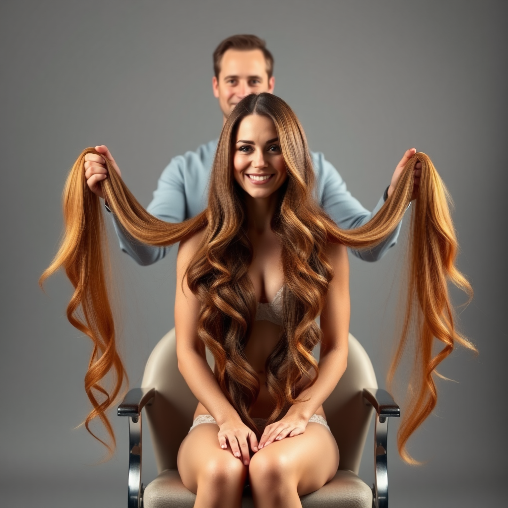 In a beautifully lit photo studio, adorned with soft diffused lighting that creates a warm, inviting atmosphere, Kate Middleton sits gracefully in an elegant salon chair with her hands in her lap, showcasing her luxurious, flowing locks that cascade down like a shimmering waterfall of chestnut and gold. A hairstylist stands behind her and smiles at the camera as he holds up Kate's long magnificent hair, gently spreading it, allowing it to fan out in a majestic display that captures the eye. Kate's delicate lingerie, adorned with intricate lace and satin accents, enhances her natural beauty, offering an air of sophistication and allure. The plain gray background serves to highlight her striking figure and the dazzling sheen of her hair.