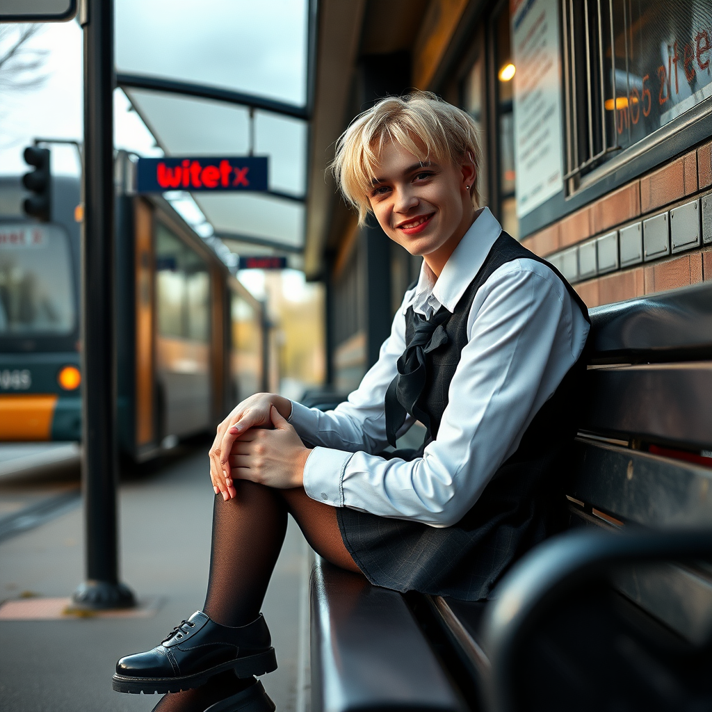 photorealistic, ultra high resolution, 16K, surreal fantasy, soft studio lighting, a pretty 18 year old goth male, slim male physique, short blonde hair, goth makeup, earrings, shiny black pantyhose, UK girls-school uniform, Mary-Jane shoes, sitting on a bench waiting for the school bus, in daylight, excited smile, facing the camera.